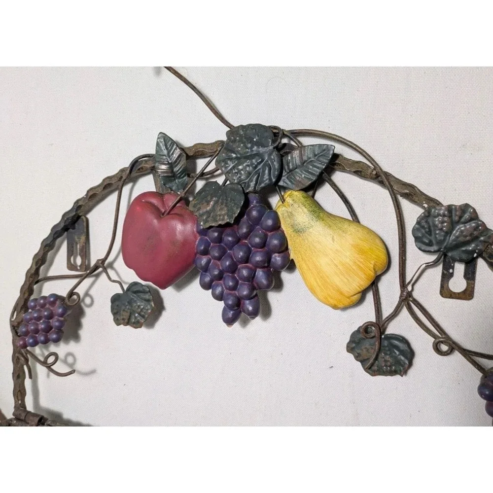 Vintage Wrought Iron 2 Tier Wall Rack Fruit Accents Towel Bar Tuscan Farmhouse